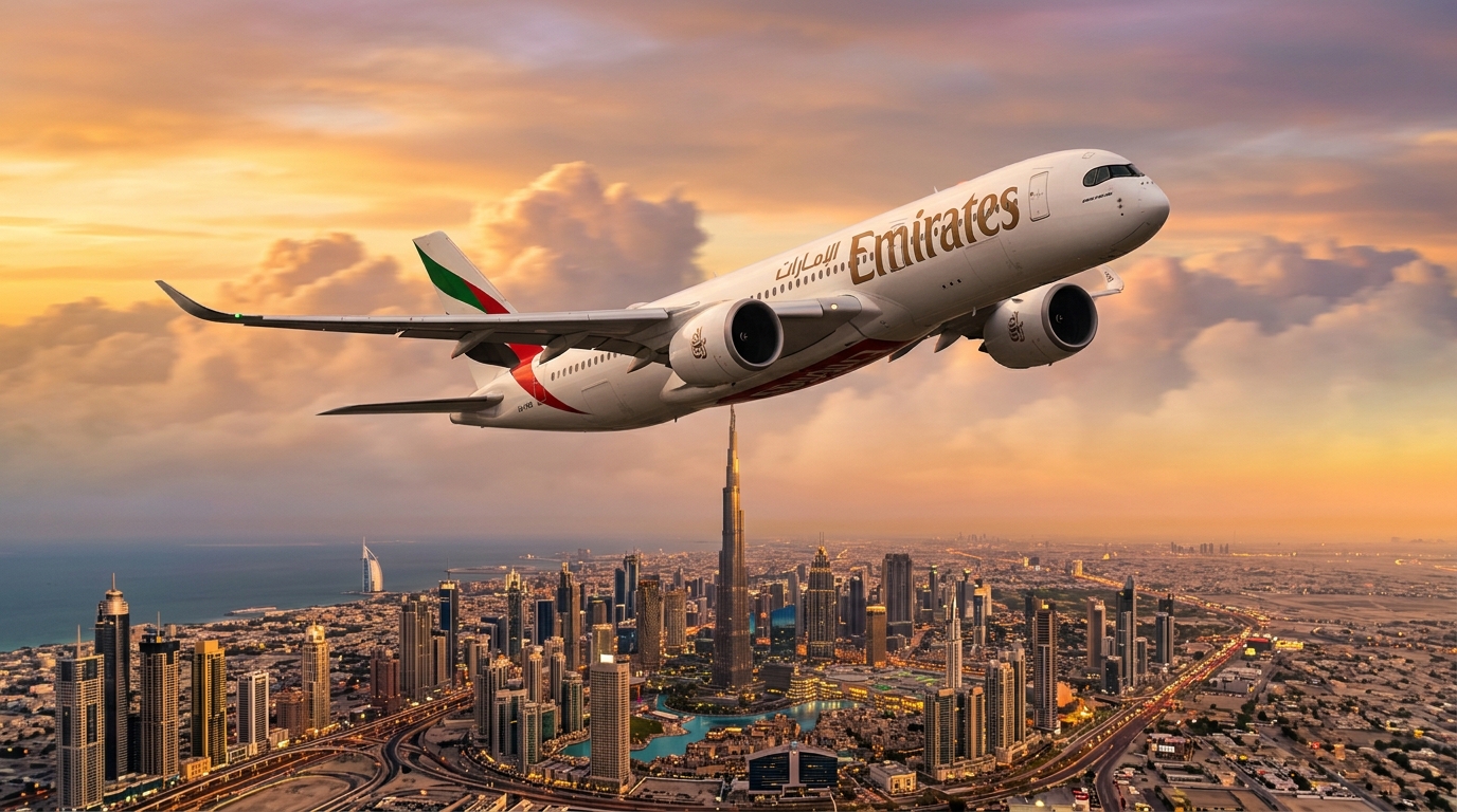 Commercial flight ascending over Dubai Burj Khalifa skyline at golden sunset